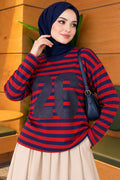 Bluse mit 26 Drucken und Streifen Dunkelblau