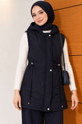 Quilted Hooded Vest with Belt Detail Navy Blue