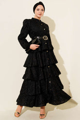 Boydan Düğmeli Simli Kat Abiye Elbise