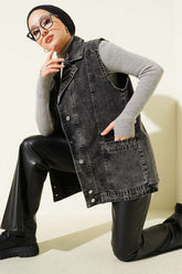 Cep Detaylı Kot Yelek Füme