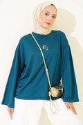 Flower Embroidered Lace Blouse Petrol