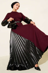 Deri Garnili Kemerli Elbise