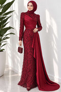 Draped Sequined Patterned Evening Dress Bordeaux