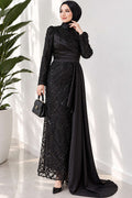 Draped Sequined Pattern Evening Dress Black