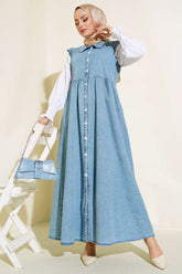 Düğmeli Kot Jile Elbise