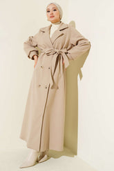 Düğmeli Kuşak Detaylı Kaşe Kaban