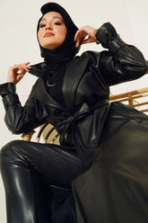 Düğmeli Kuşaklı Deri Trençkot