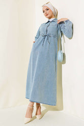 Fermuarlı Gömlek Yaka Kot Elbise