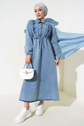 Fırfırlı Fermuarlı Kot Elbise