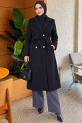 Goldknopf-Gürtel-Kaschmantel Marineblau