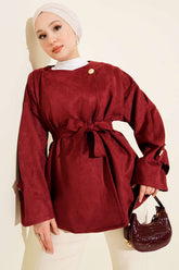 Gold Düğmeli Kuşaklı Süet Ceket