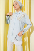 Beaded Flower Embroidered Modal Shirt Blue
