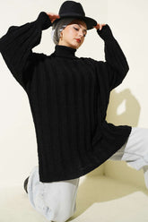 Kabartma Desenli Fitilli Triko Tunik Siyah