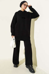 Kapüşonlu Ponponlu Triko İkili Takım Siyah