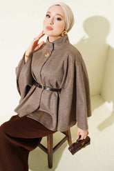 Kemerli Gold Düğmeli Kaşe Panço