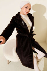 Kuşaklı Bronş Detaylı Kaşe Kaban Acı Kahve