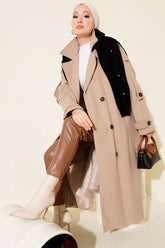 Kuşaklı Düğme Detaylı Kaşe Kaban