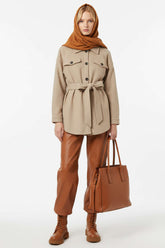 Kuşaklı Düğmeli Kaşe Ceket