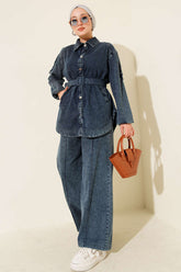 Metal Düğmeli Omuz Apoletli Kot İkili Takım