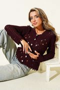 Mini Flower Embroidered Short Knit Cardigan Bordeaux