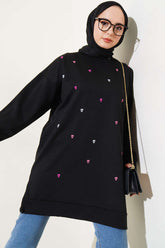 Minik Kalp Nakışlı Tunik Siyah