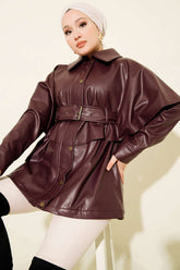 Pelerinli Kemerli Deri Ceket