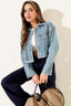 Taş Süslemeli Püsküllü Kot Crop Ceket Mavi