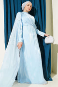 Robe de soirée bleu ciel à perles, style cape, à une épaule