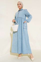 Yarım Fermuarlı Etek Cepli Kot Elbise