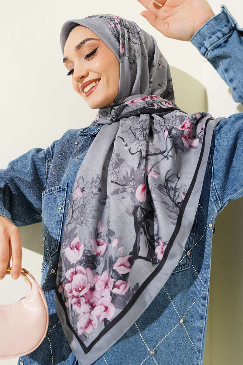 120 Cm Çiçekli Soft Eşarp Gri