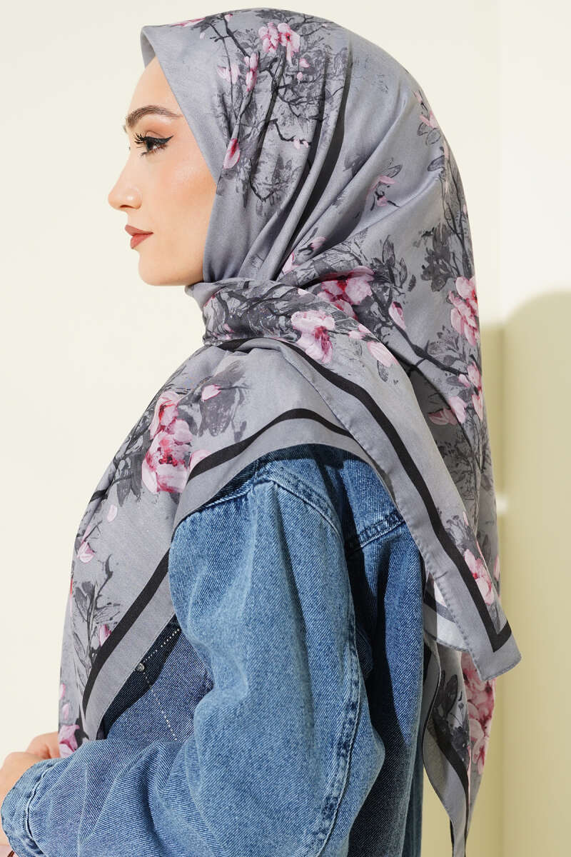 120 Cm Çiçekli Soft Eşarp Gri