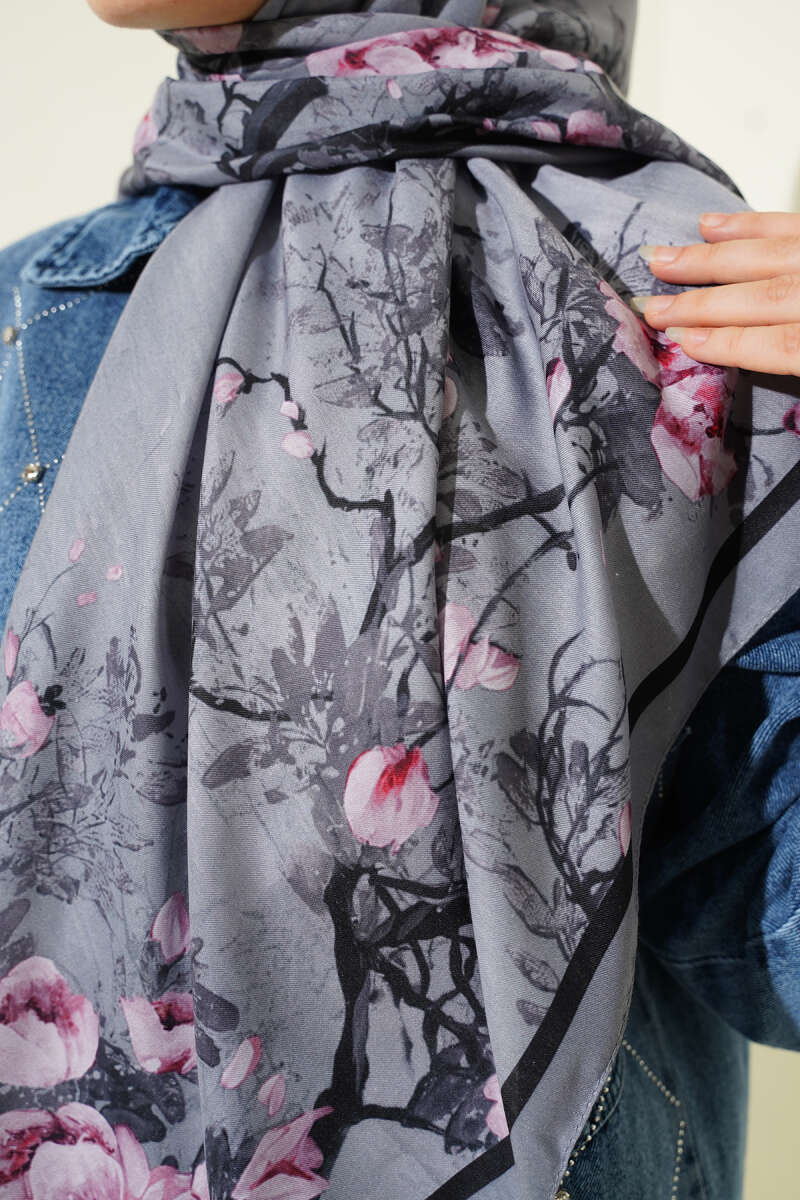 120 Cm Çiçekli Soft Eşarp Gri