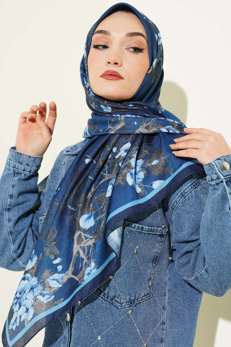 120 Cm Çiçekli Soft Eşarp Lacivert
