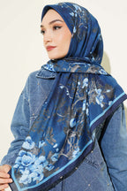 120 Cm Çiçekli Soft Eşarp Lacivert