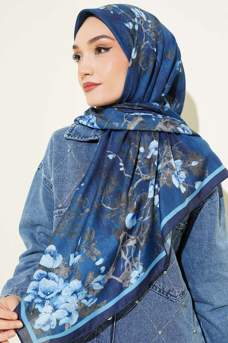 120 Cm Çiçekli Soft Eşarp Lacivert