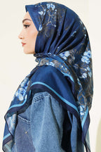 120 Cm Çiçekli Soft Eşarp Lacivert