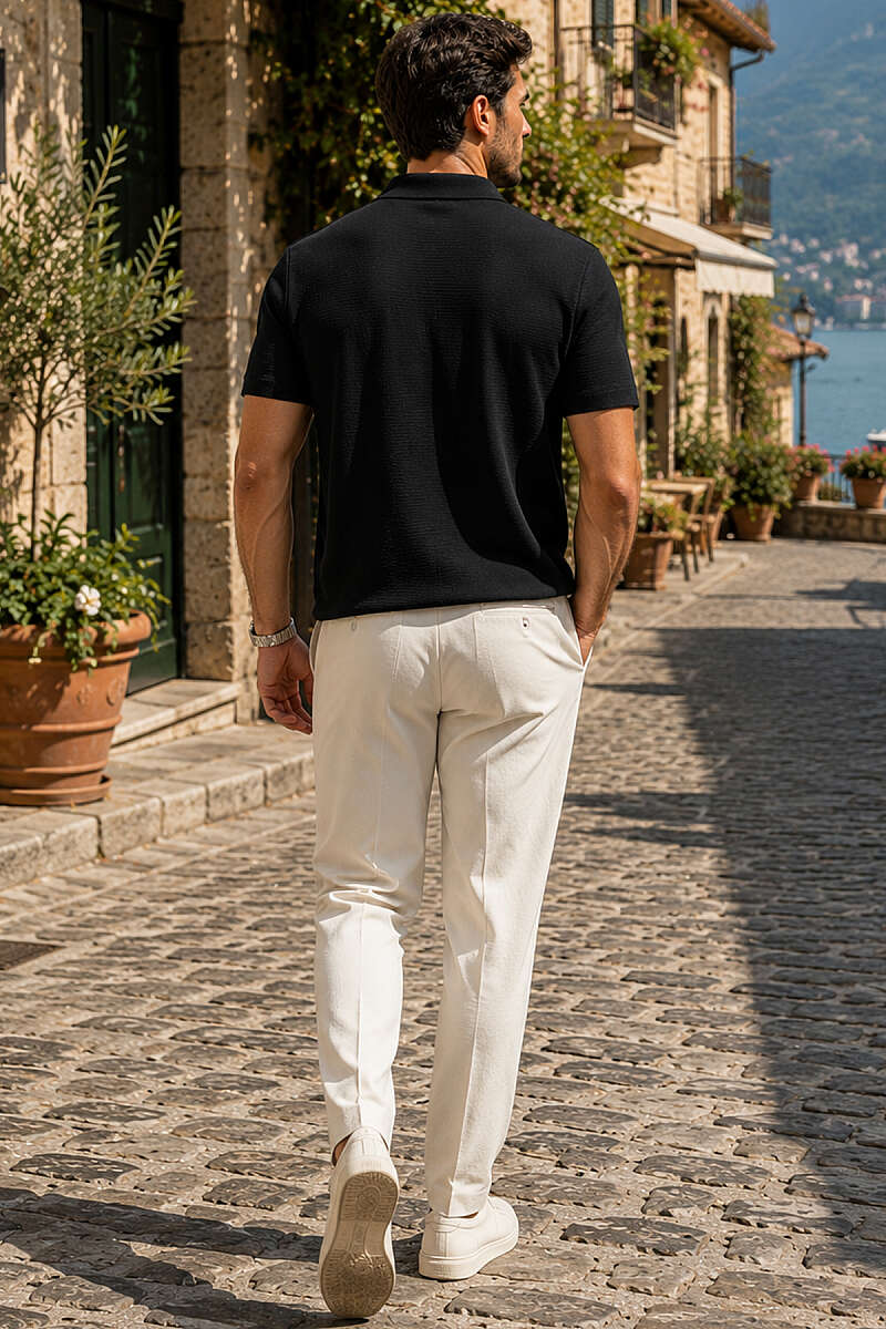 Açık Polo Yaka Ribanalı Erkek T-shirt Siyah