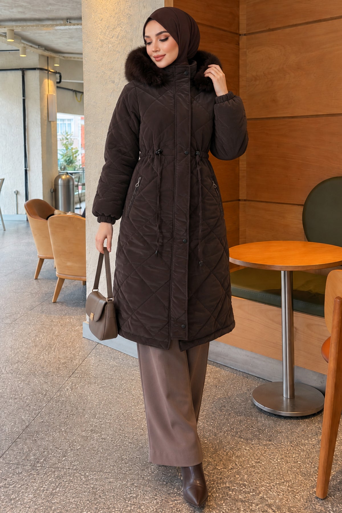 Belted Quilted Fur Coat Bitter Coffee