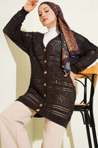 Cardigan en tricot ajouré Bitter Brown avec boutons en bois