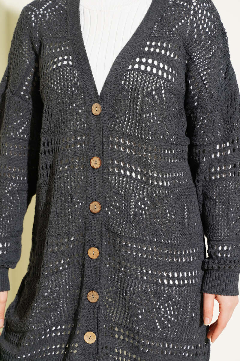 Cardigan en tricot ajouré Bitter Brown avec boutons en bois