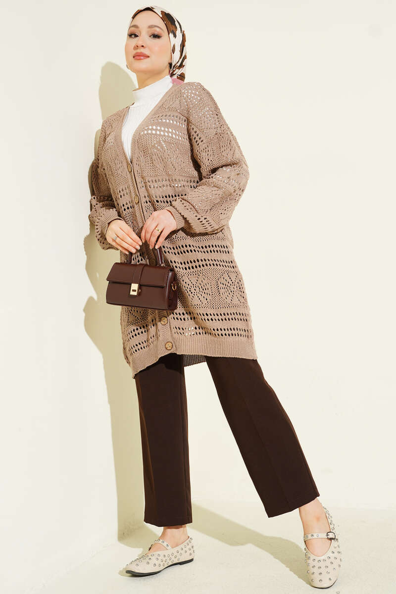 Cardigan en tricot ajouré Bitter Brown avec boutons en bois