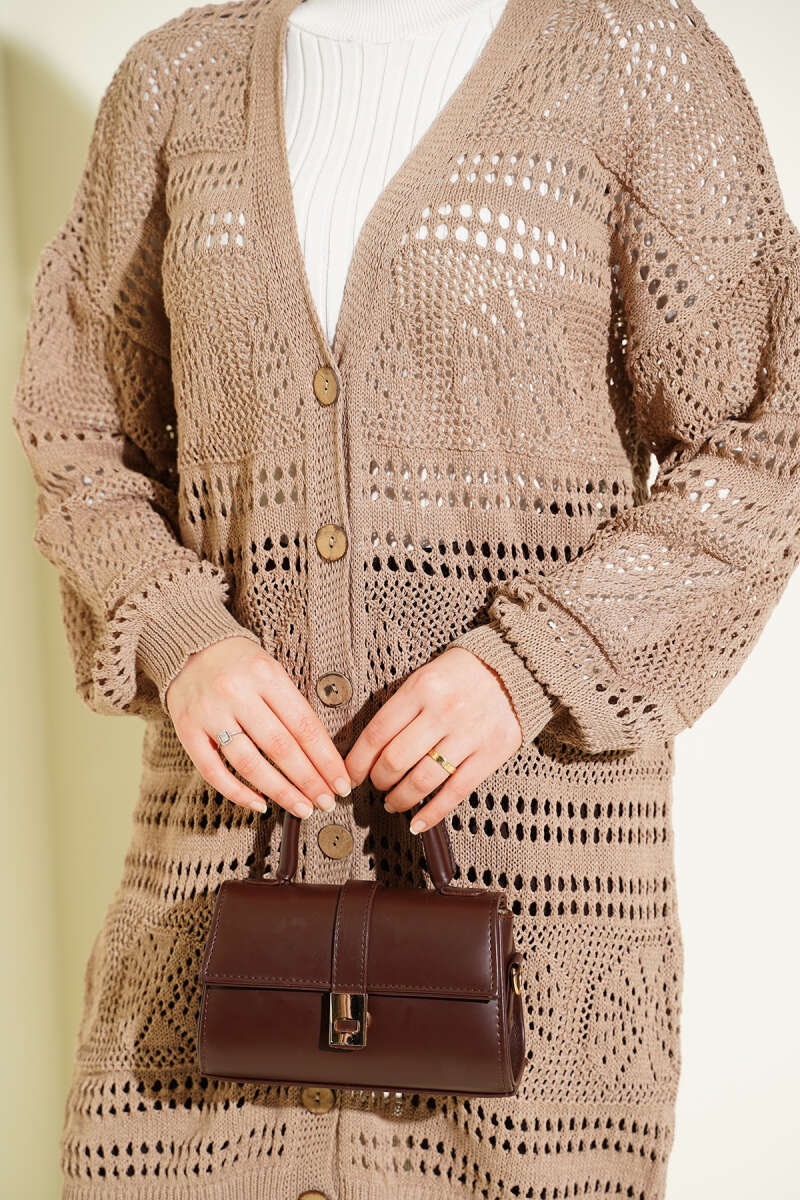 Cardigan en tricot ajouré Bitter Brown avec boutons en bois