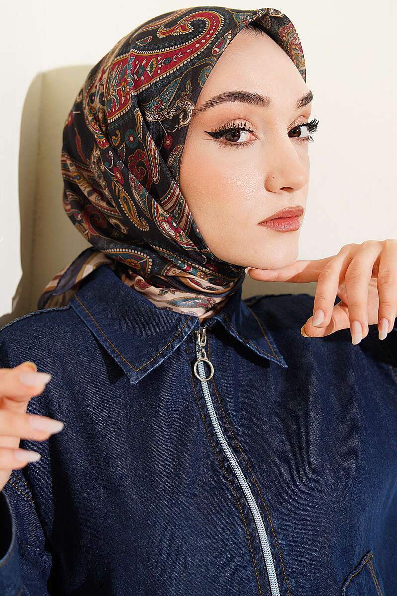 Antik Paisley Desen Eşarp Siyah Bej