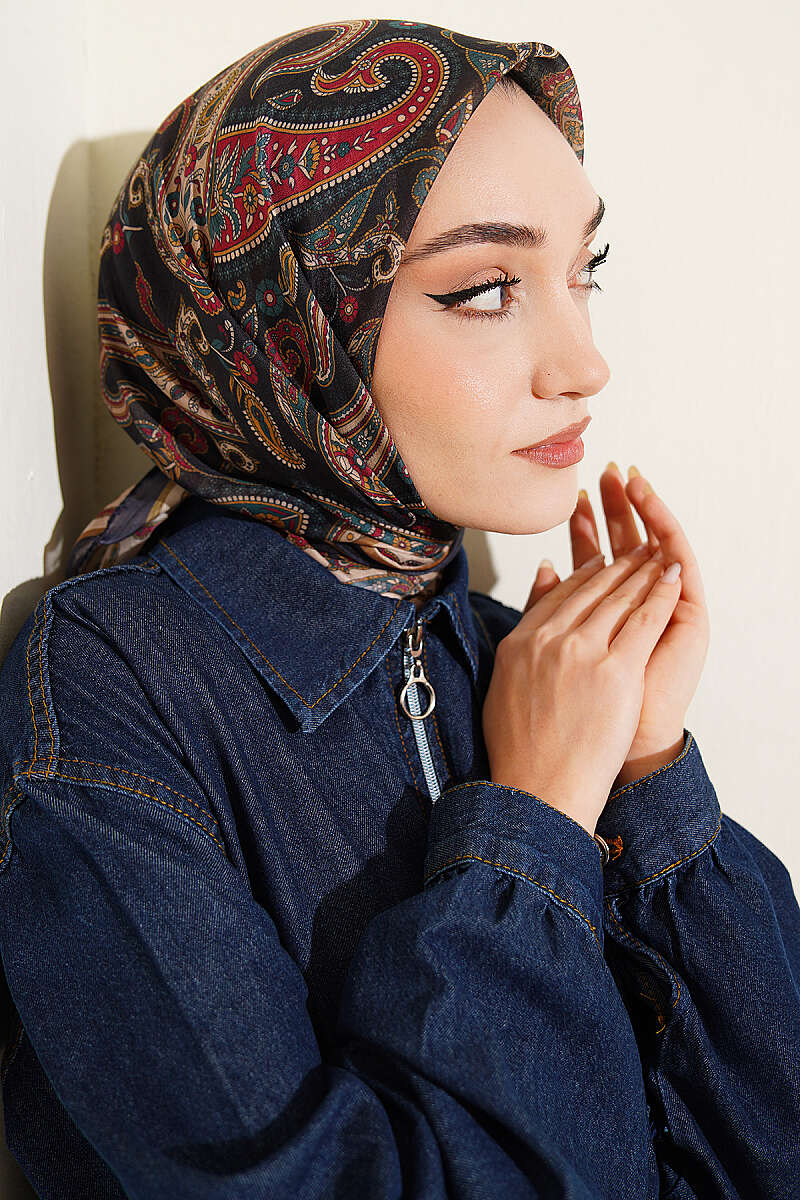 Antik Paisley Desen Eşarp Siyah Bej