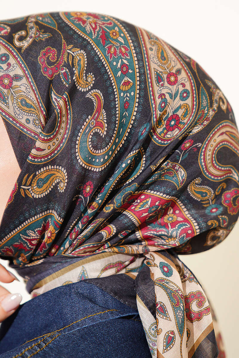 Antik Paisley Desen Eşarp Siyah Bej
