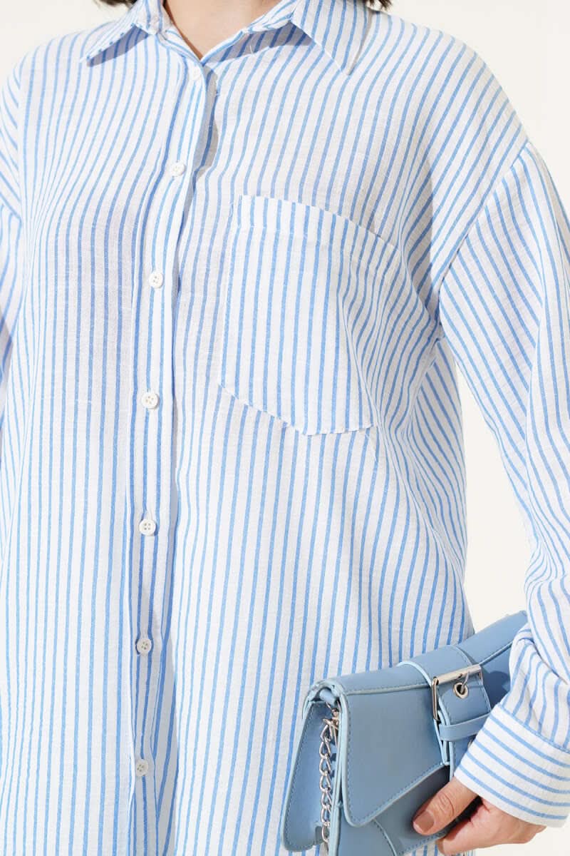 Arka Pileli Çizgili Gömlek İndigo