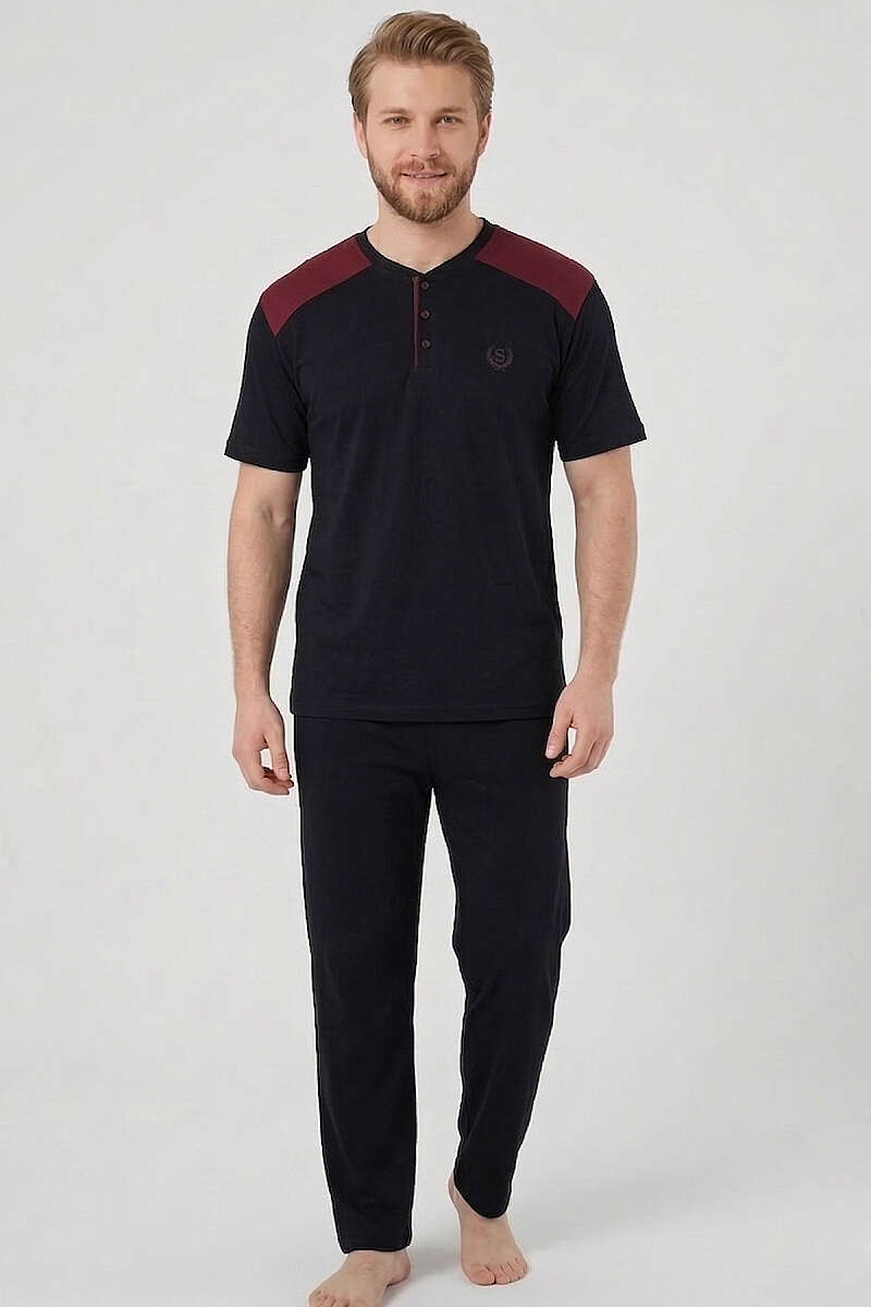 Armalı Büyük Beden Kısa Kol Erkek Pijama Takım Lacivert Bordo