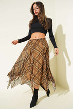 Asimetrik Ekose Desenli Şifon Midi Etek