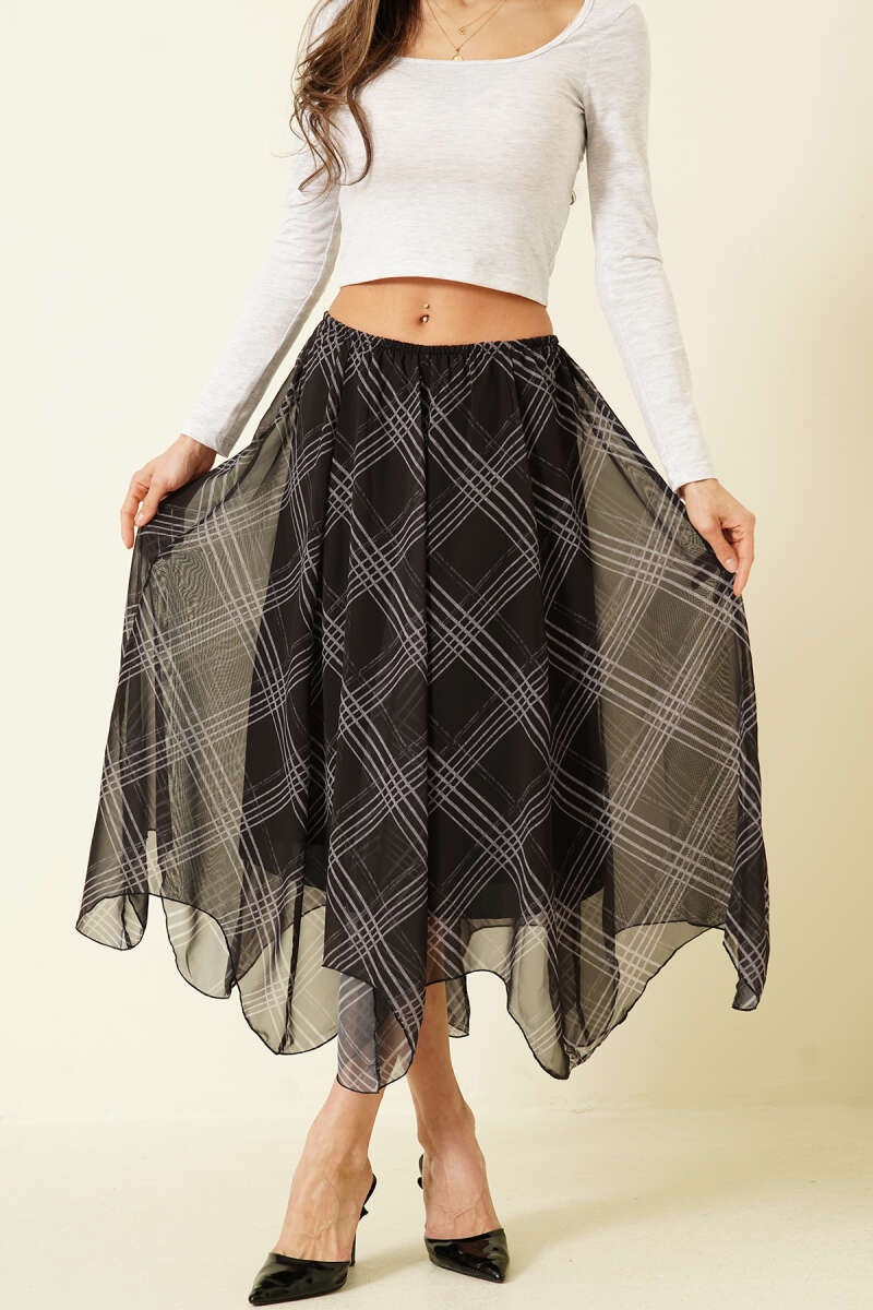 Asimetrik Ekoseli Beli Lastikli Midi Etek Siyah Главное изображение товара