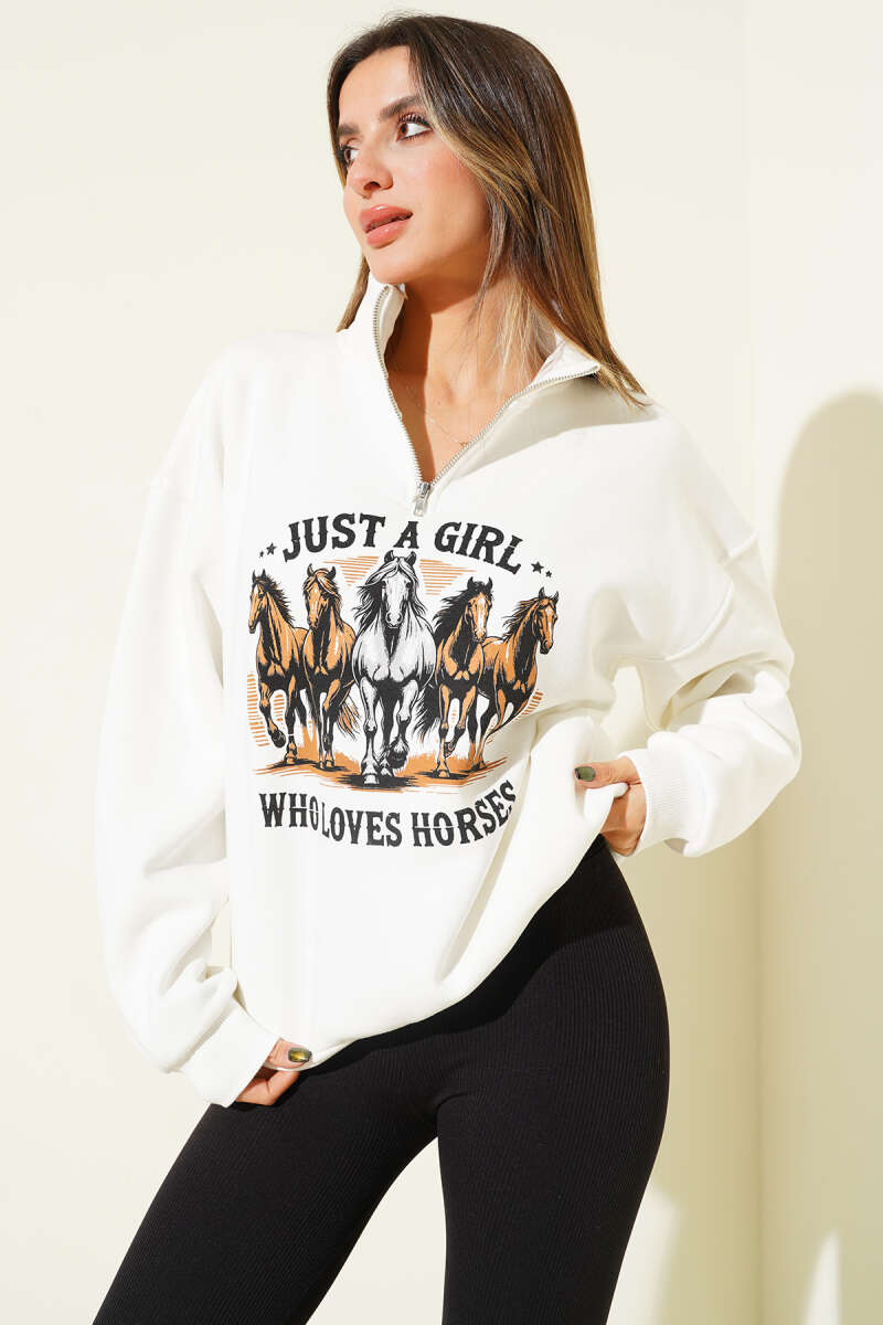 At Baskılı Fermuarlı Şardonlu Sweatshirt